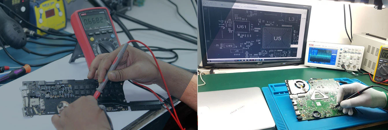 Laptop motherboard testing with multimeter, Boardview and oscilloscope at the Laptex lab